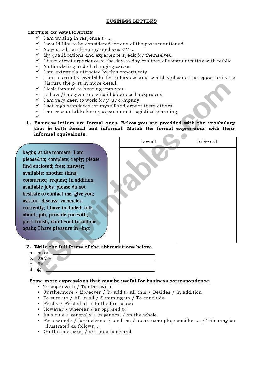 Business letters worksheet