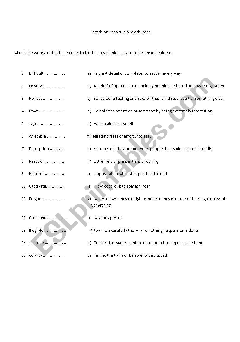 Matching vocabulary worksheet