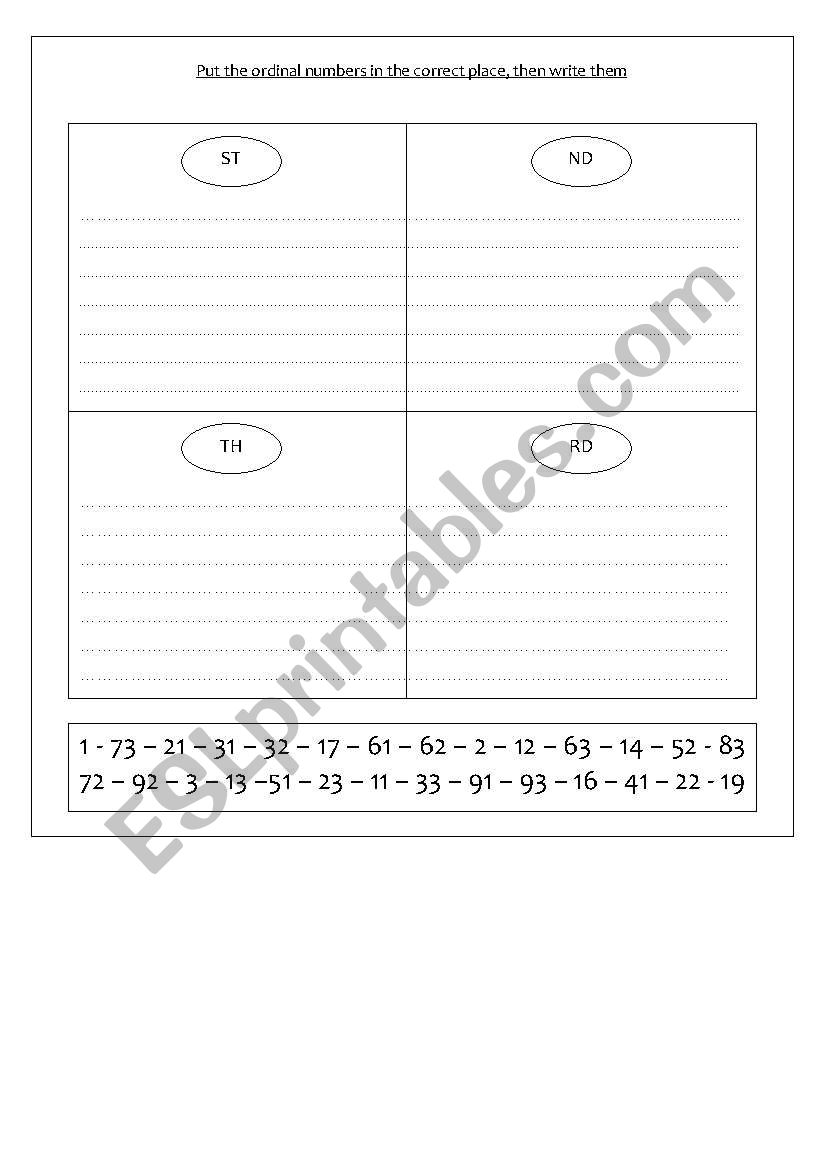 Ordinal numbers worksheet