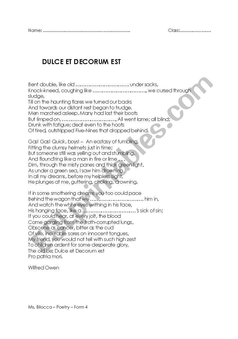Dulce et Decorum est worksheet