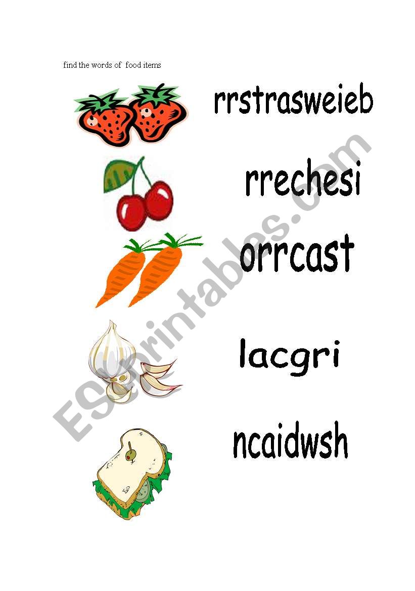 scrambled words of food items worksheet