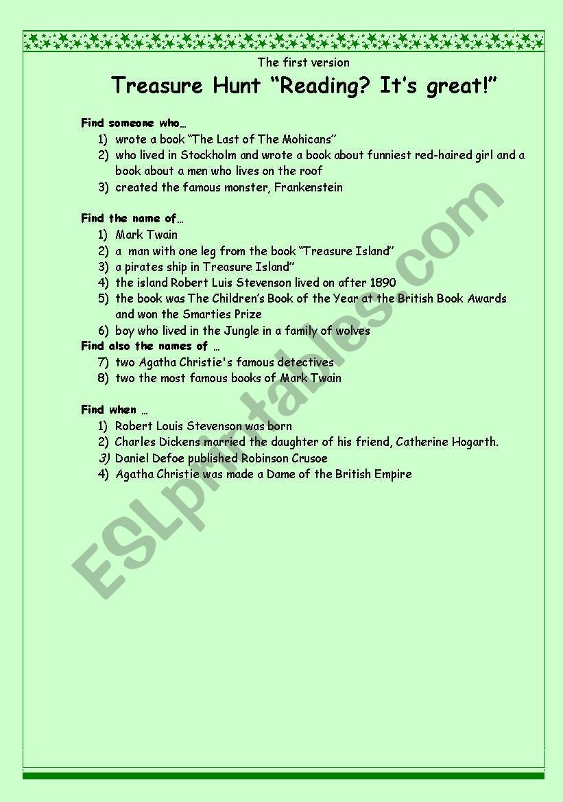 English worksheets treasure hunt reading it s great 