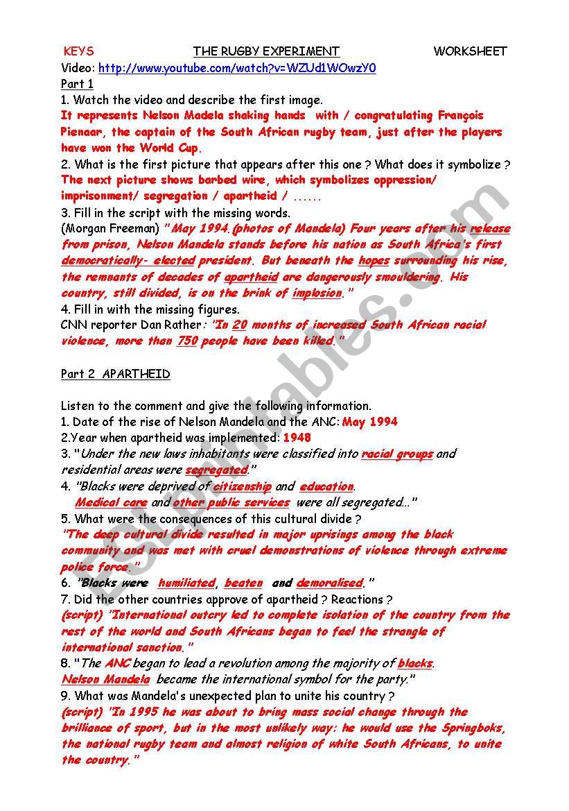 KEYS to THE RUGBY EXPERIMENT worksheet