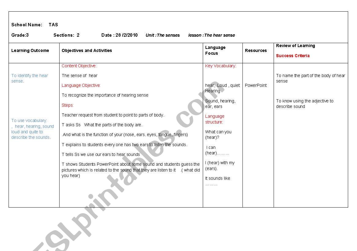 lesson plan for hearing sense worksheet