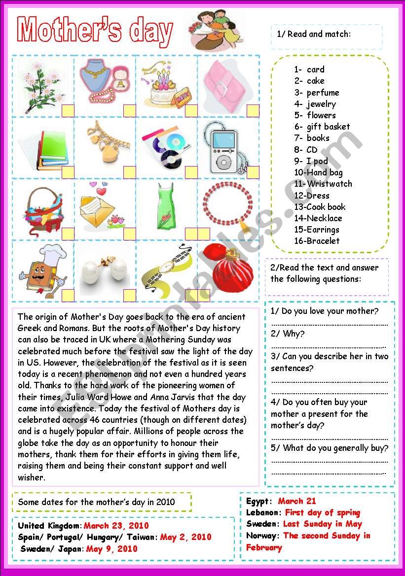 motherÂ´s day worksheet