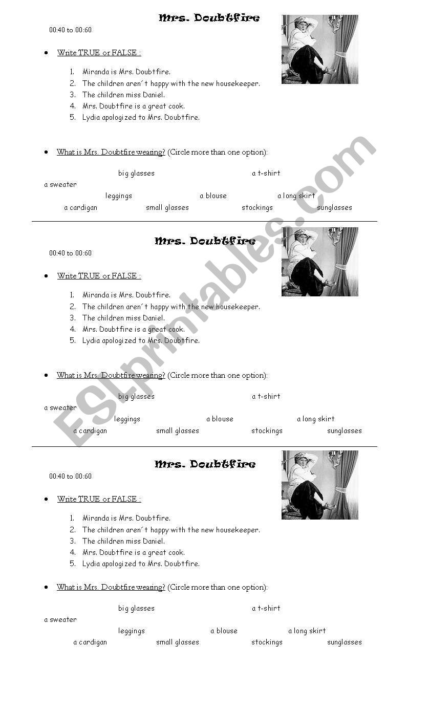 Mrs Doubtfire n3 worksheet