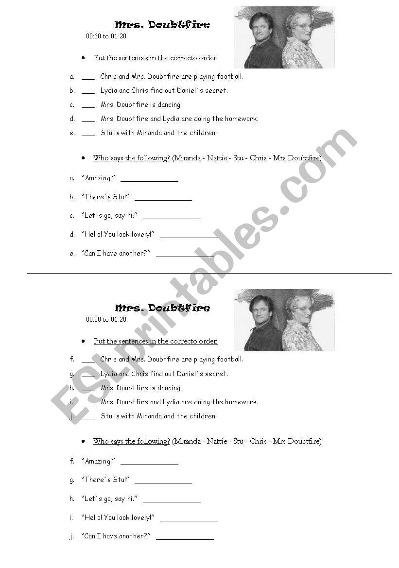 Mrs Doubtfire n4 worksheet