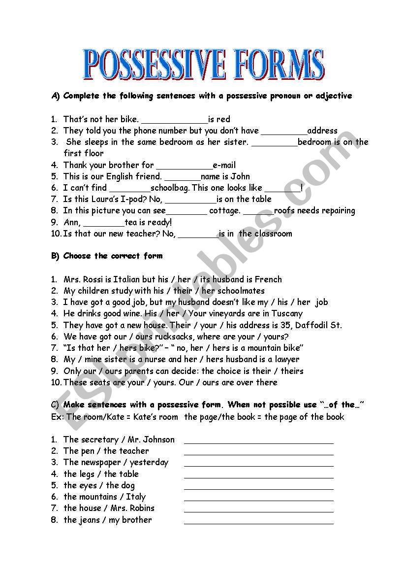 POSSESSIVE FORMS worksheet