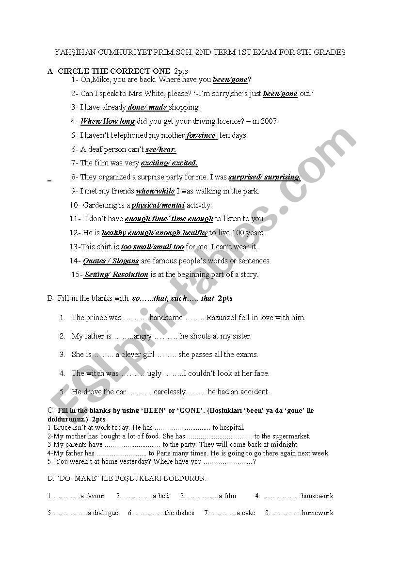 8th grade exam 2nd term 1st worksheet