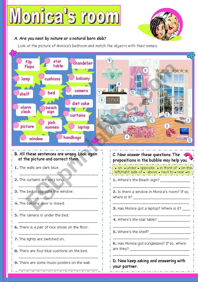 Monicas Bedroom  -  Prepositions of Place