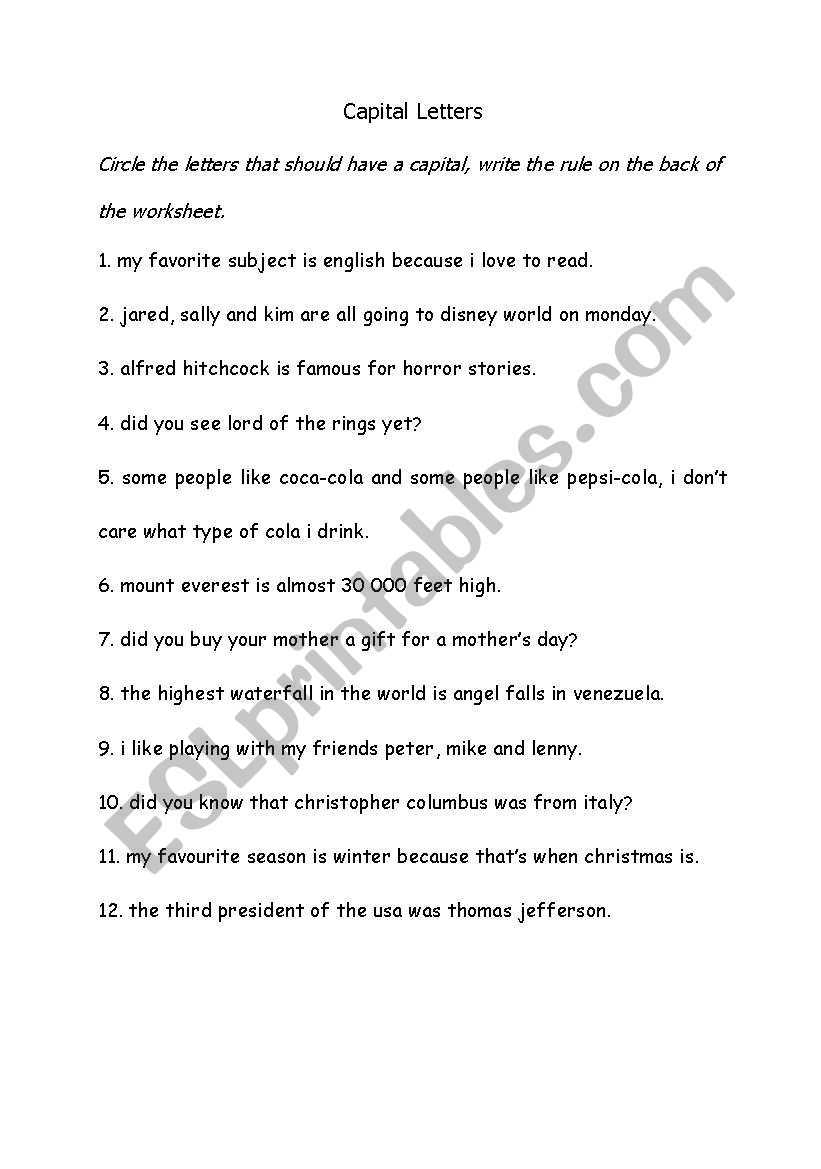 Capital Letters exercise worksheet