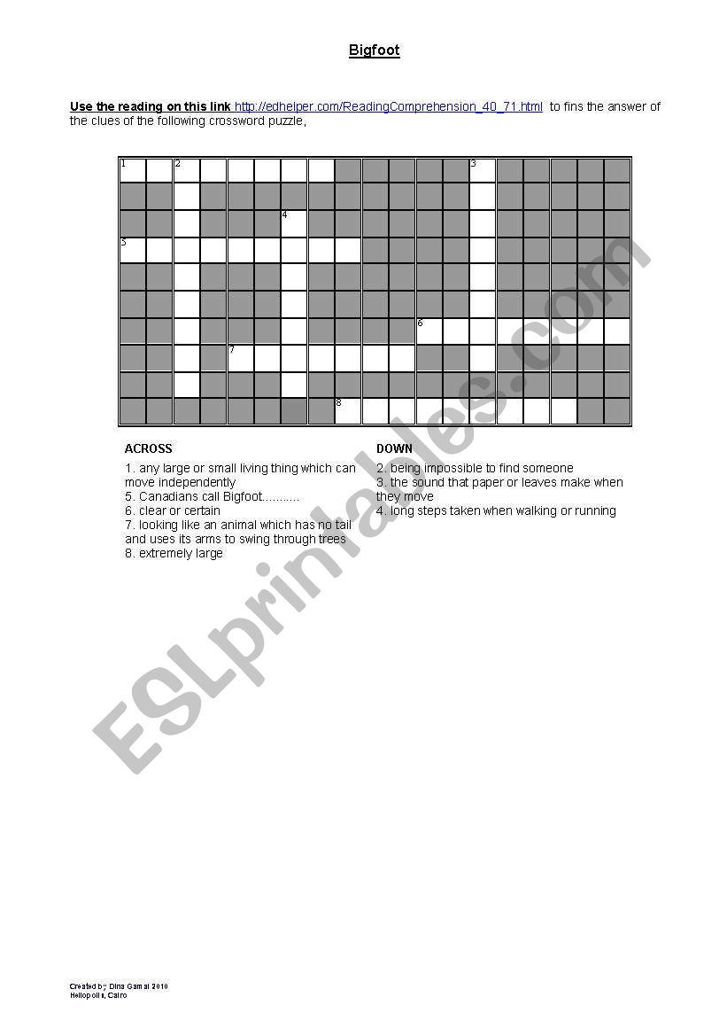 Bigfoot crossword worksheet