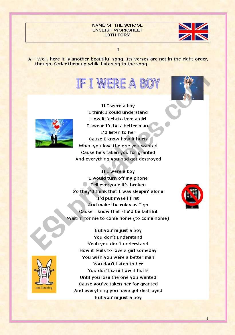 If I Were a Boy-Beyonc-Conditionals-Different kinds of exercises on the lyrics-Key included