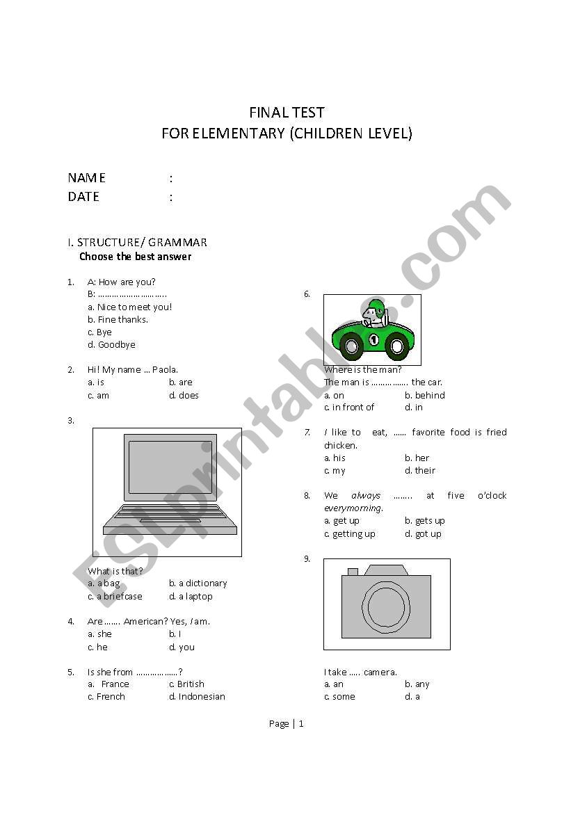 english test for elementary worksheet