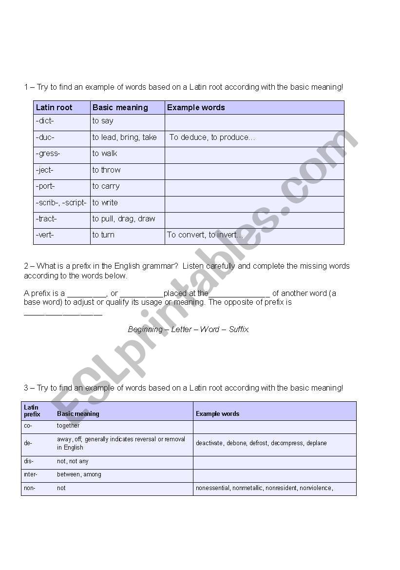 Latin Roots worksheet