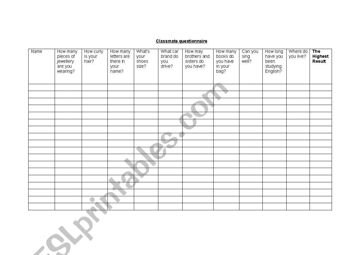 Classmate Questionnaire worksheet