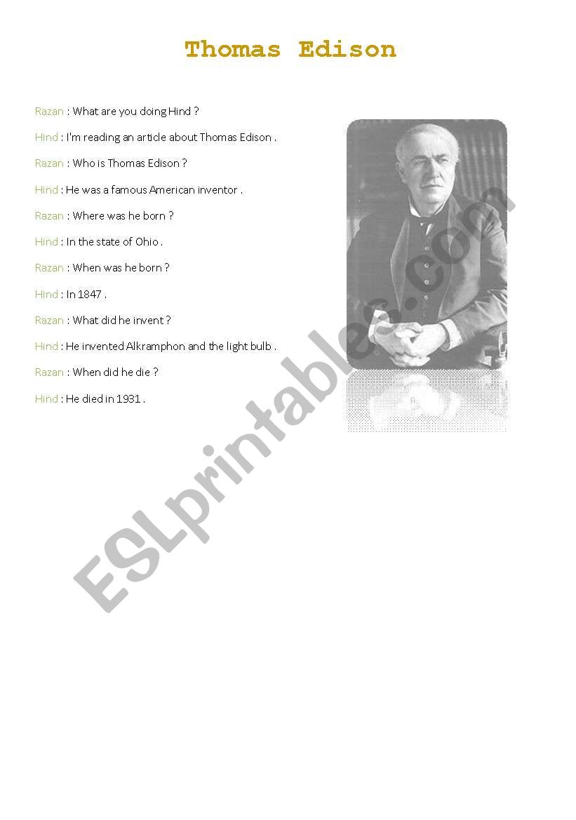 Thomas Edison worksheet