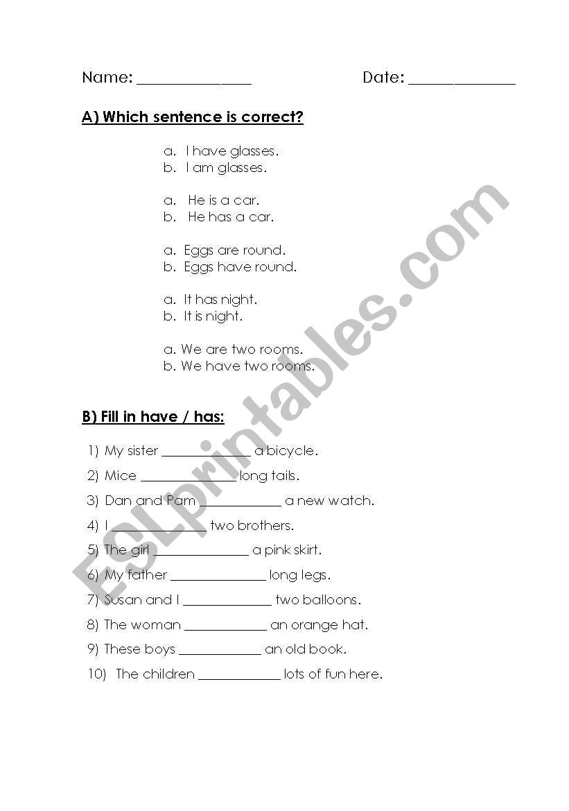 have- has worksheet