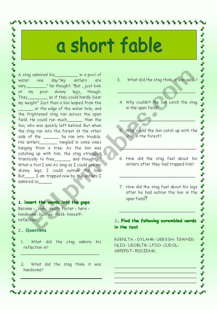 a short fable worksheet