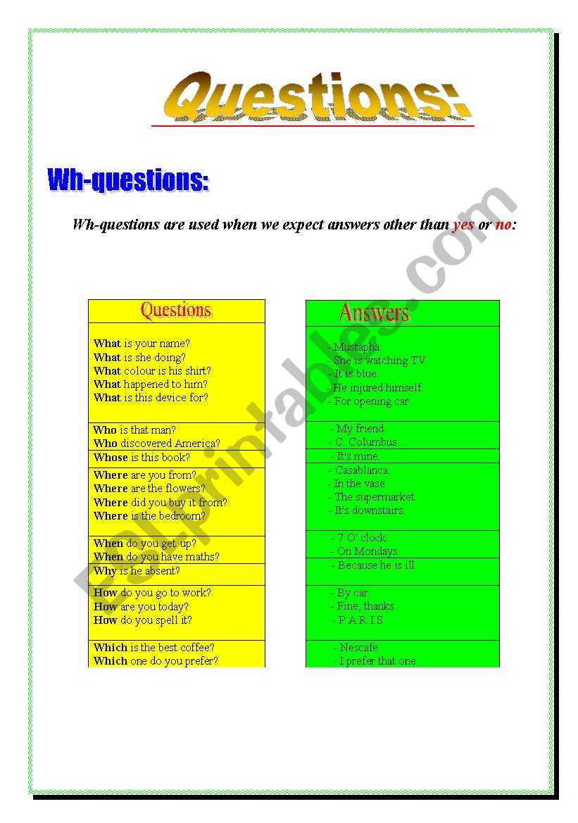 Question words worksheet