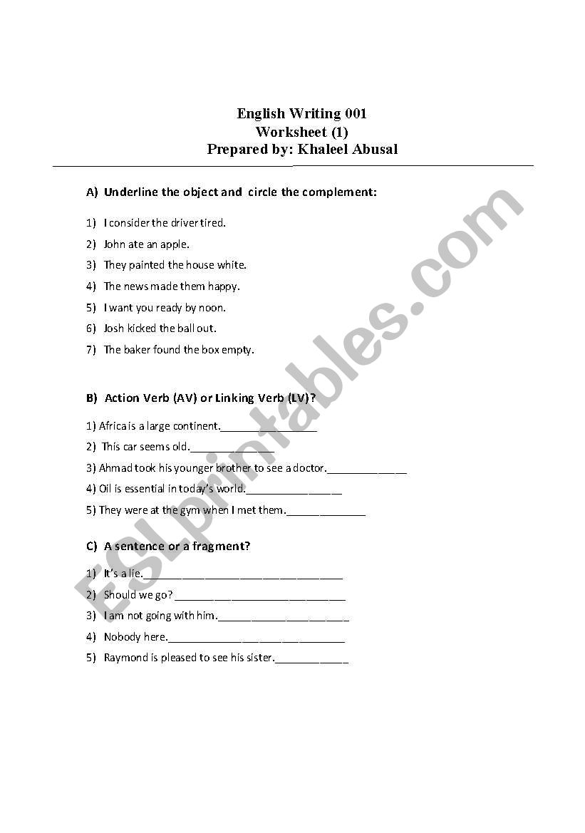 Object or complement worksheet