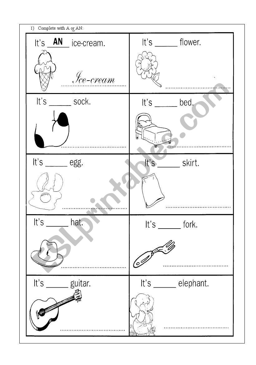 Indefinite articles a and an worksheet