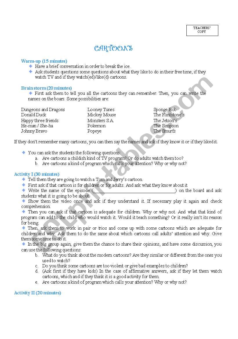 Cartoons worksheet