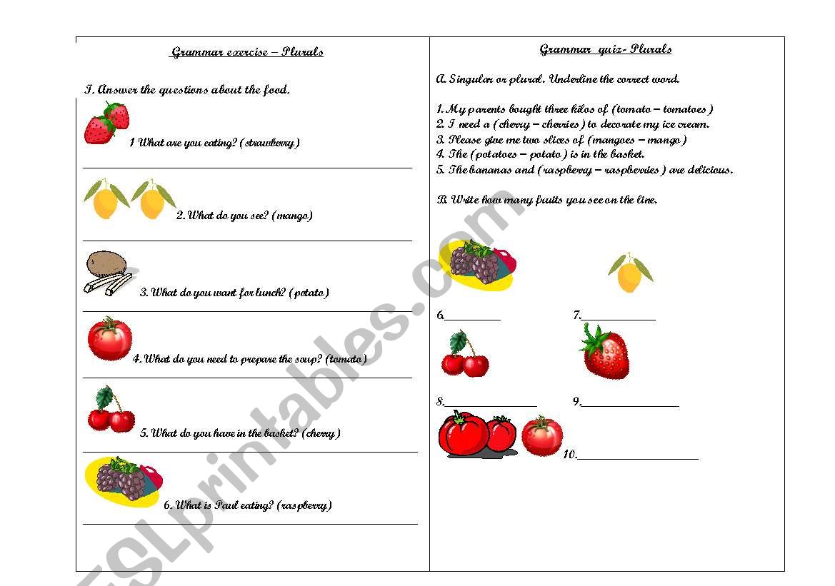 Exercise and quiz of plurals worksheet