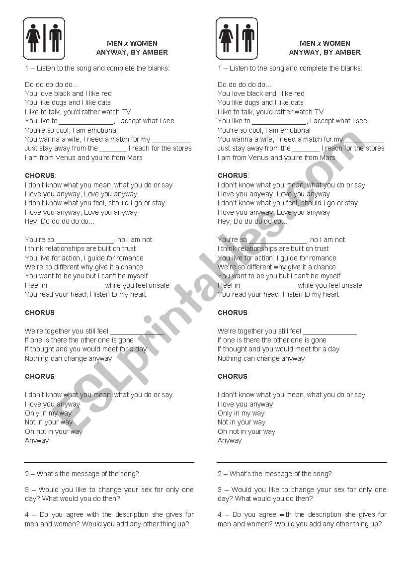 Song Activity - Men x Women worksheet