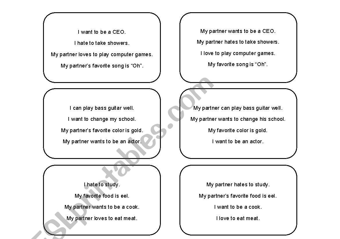 Find Your Partner Cards worksheet