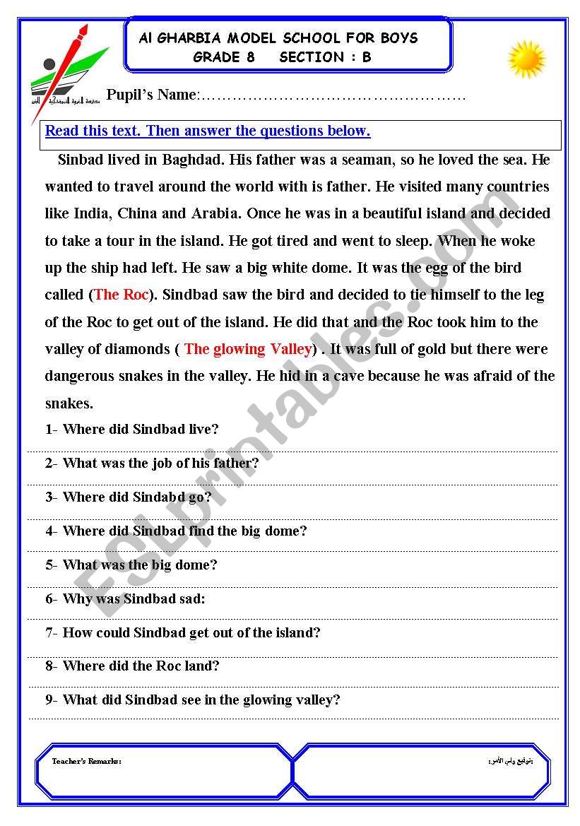 Sindbad the sailor ( Reading comprehension) test.