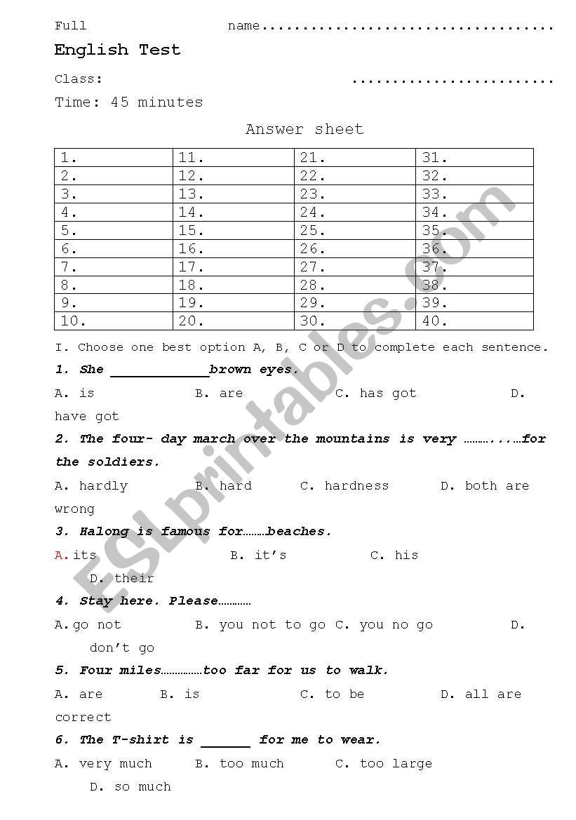 A very good multiple test  to test all which students have learnt in the first term - LefeLines level elementery 