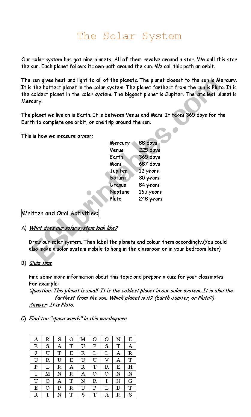 The Solar System worksheet