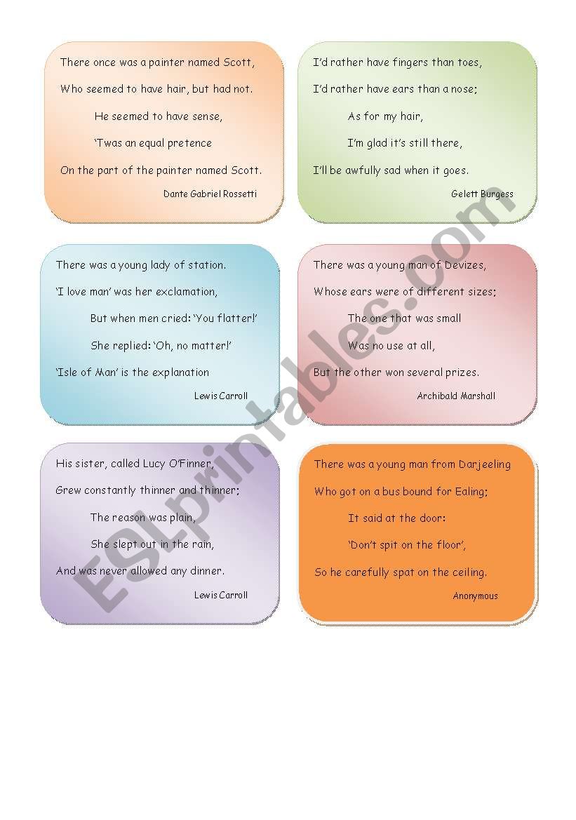 18 different Limericks worksheet