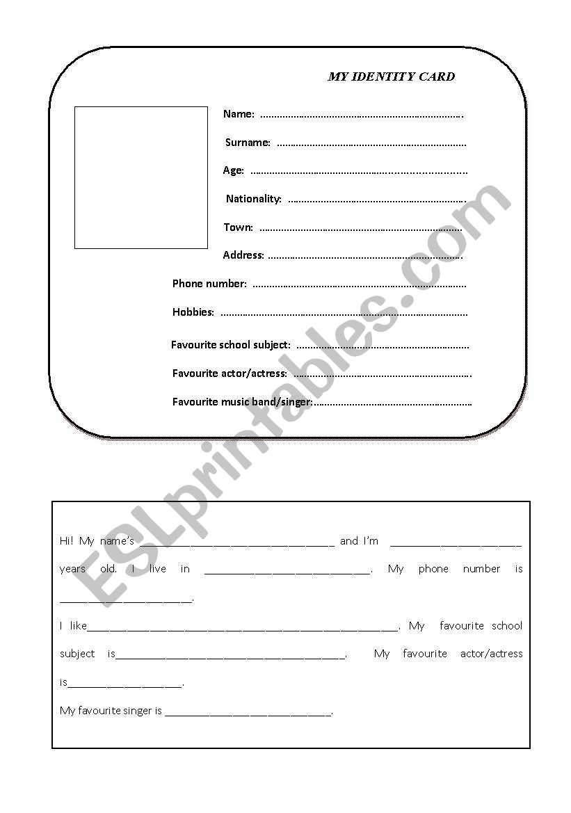 identity card worksheet