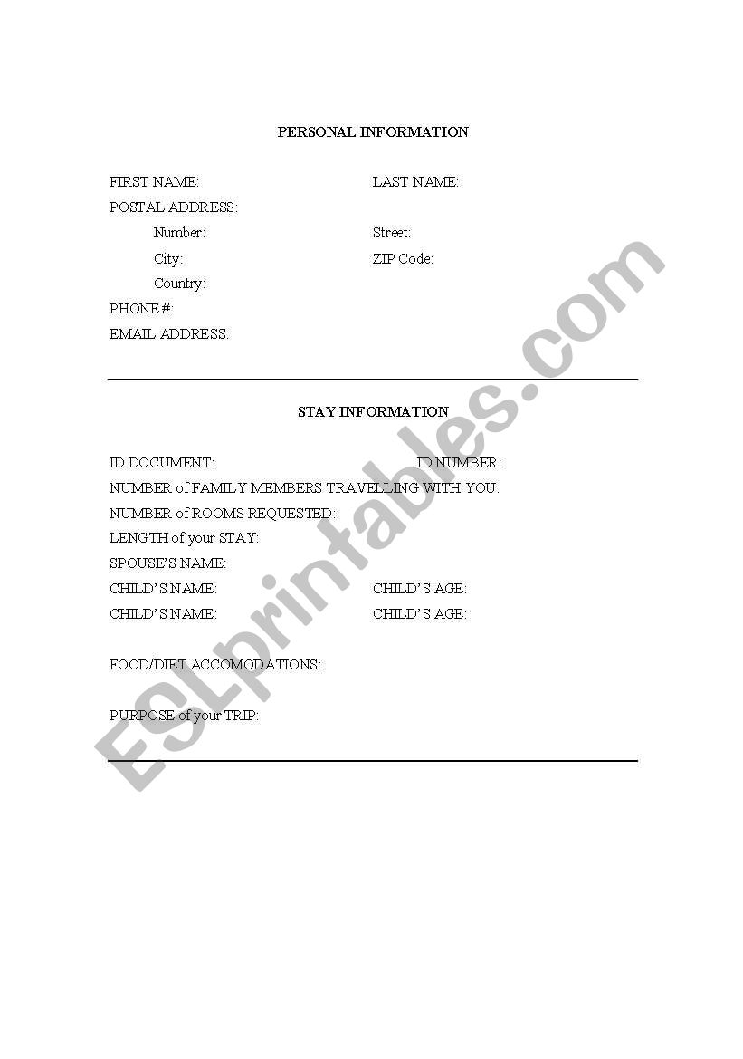 Hotel Registration worksheet