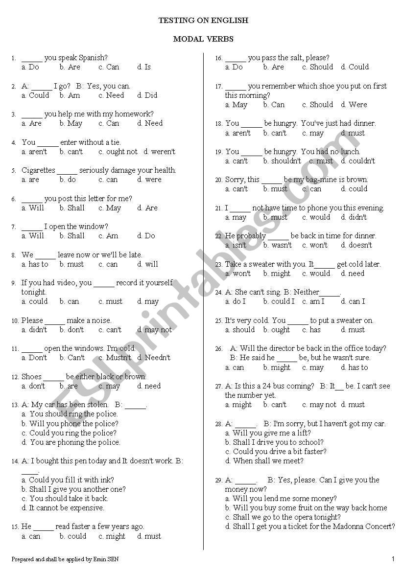 modal verbs worksheet