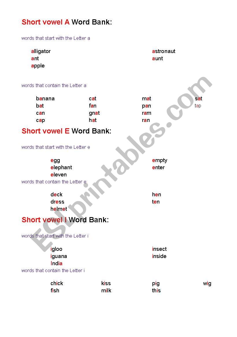 short vowel words bank worksheet
