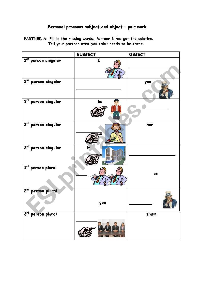 Pair work personal pronouns worksheet