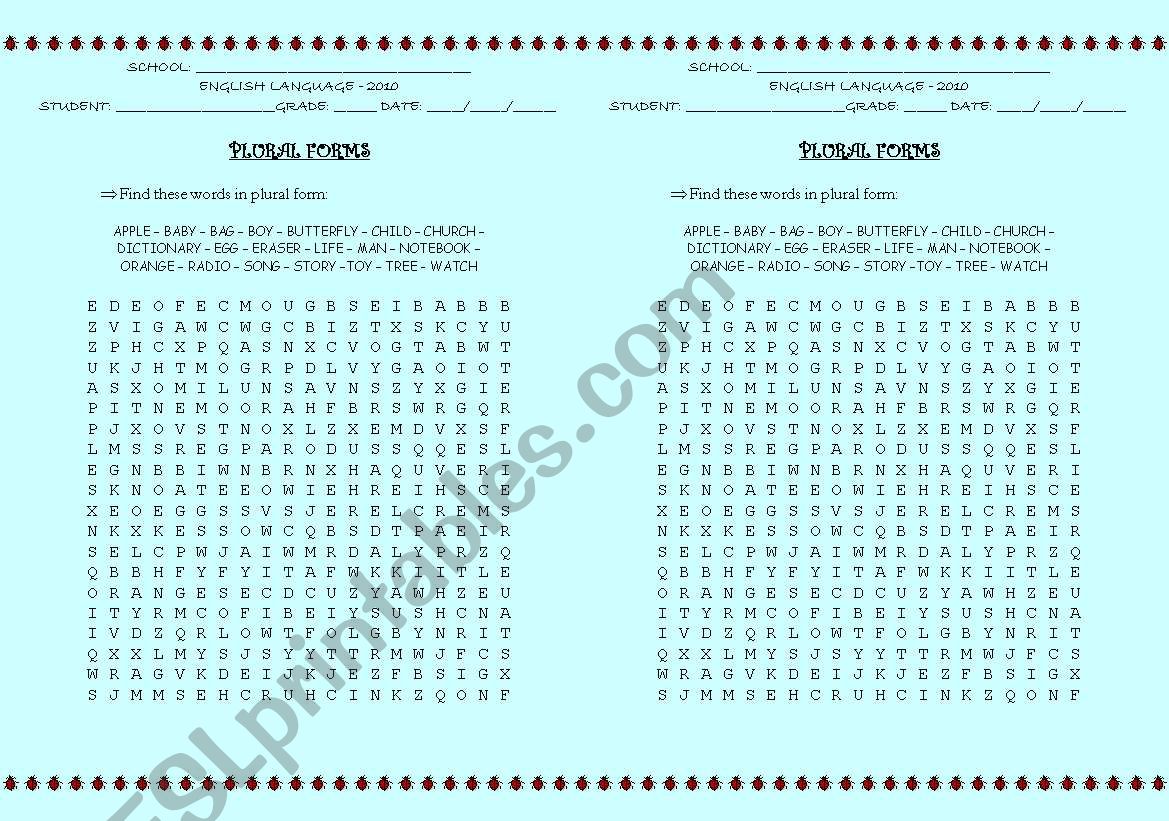 WORDSEARCH ABOUT PLURAL FORMS + ANSWERS