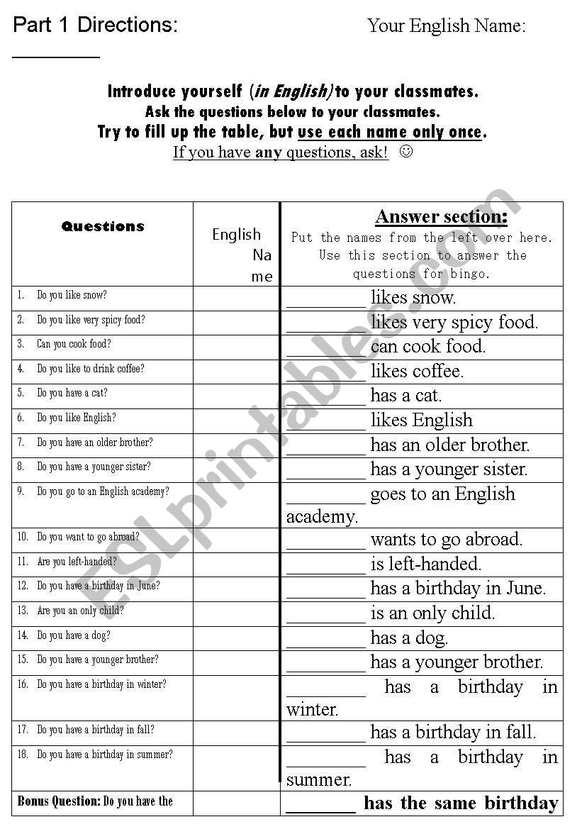 Bingo Icebreaker worksheet