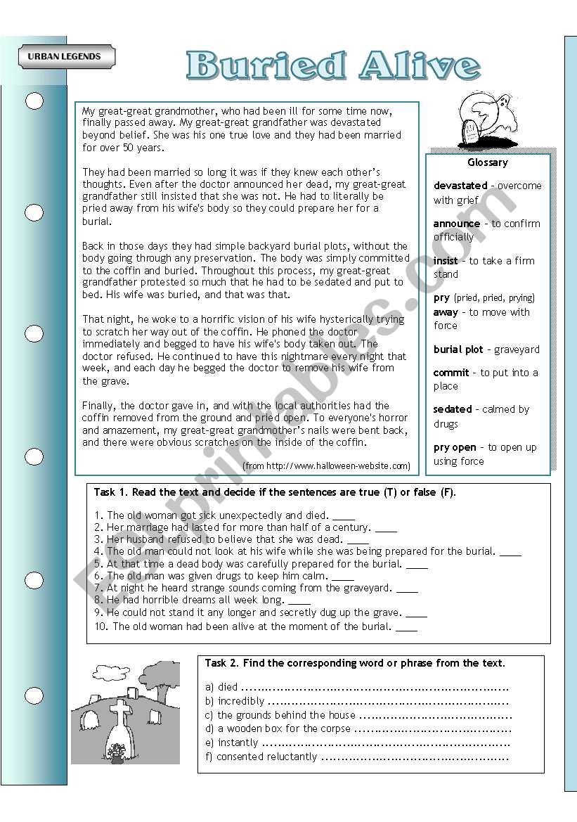 Urban legends: Buried alive worksheet