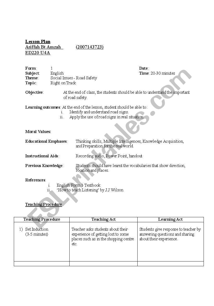 lesson plan-direction worksheet