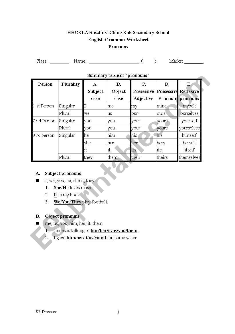 Pronoun Worksheet worksheet