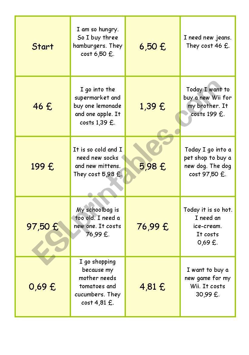 Reading game money worksheet