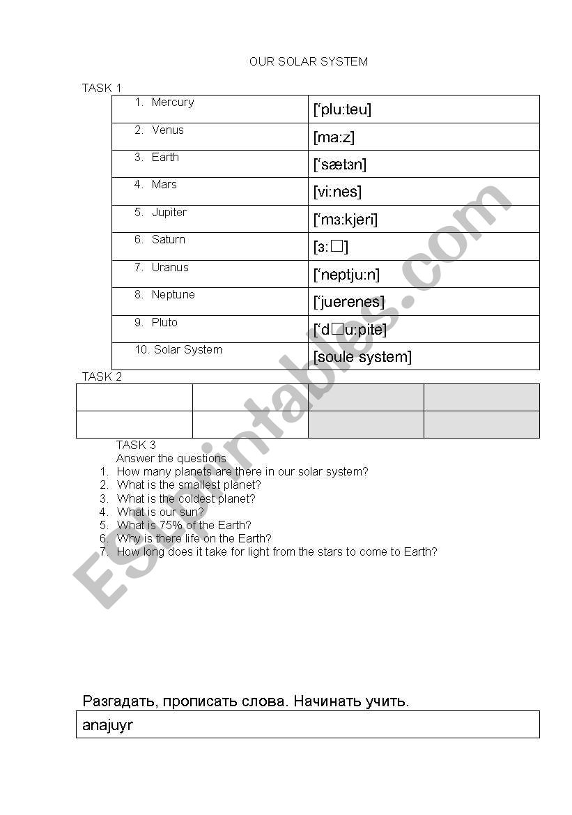Our Solar System worksheet