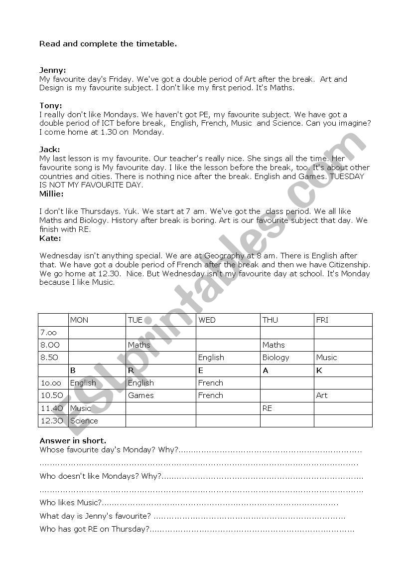 timetable and school subjects worksheet