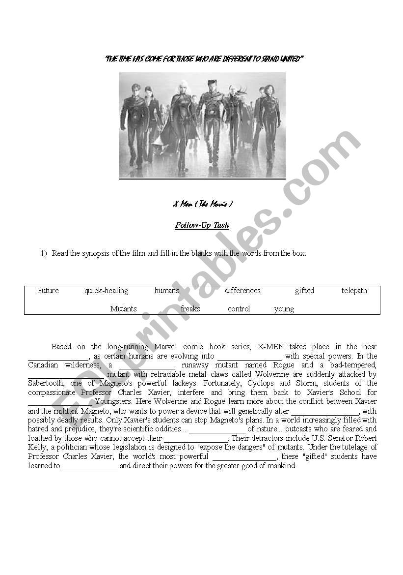 X Men The Movie worksheet