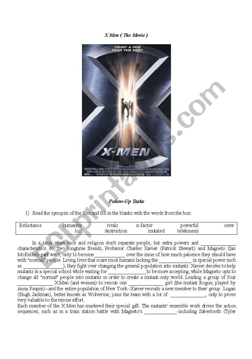 X Men (Follow Up Activities) worksheet