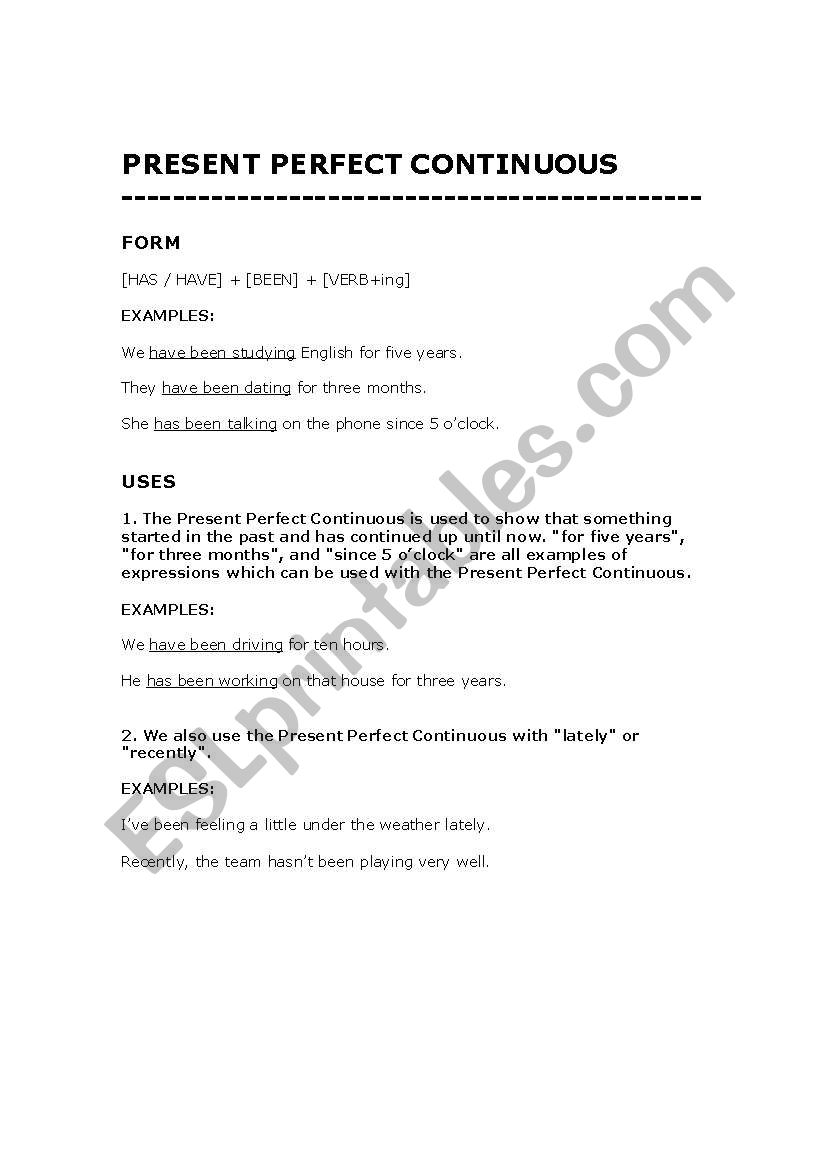Present perfect continuos worksheet